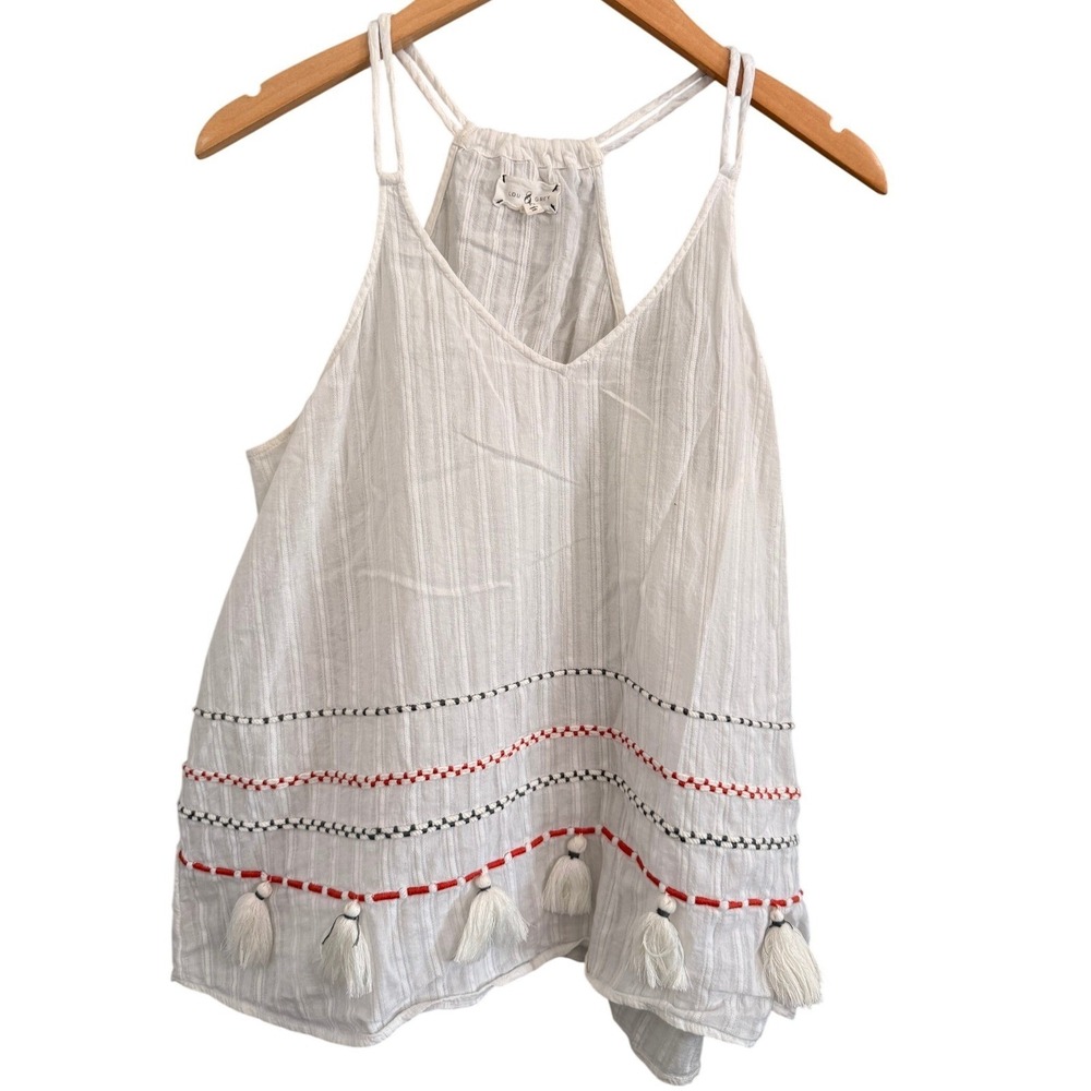 Lou & Grey‎ Tank Top Womens Medium White Cotton Gauze Embroidered Tassel Boho
